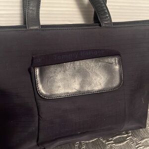 Tommy Hilfiger, navy blue, leather, and fabric handbag